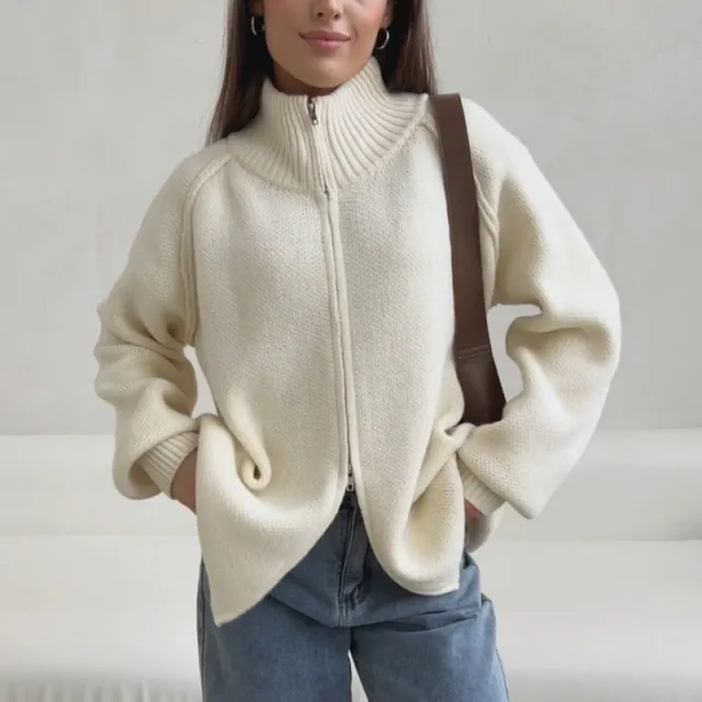 Solid Color Stand Collar Knitted Cardigan Women's Top Apricot - Shop at LoveMi