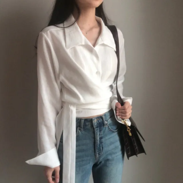 Retro Design Cross Strap Solid Color Lapel Long Sleeve Shirt White - Shop at LoveMi