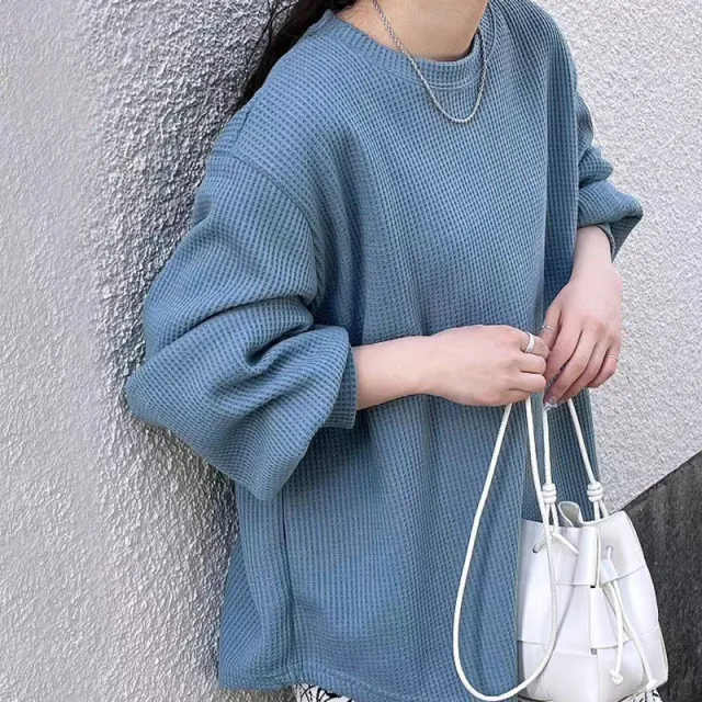 Loose Casual High grade Waffle Bottoming Shirt Gray And Blue - Shop at LoveMi