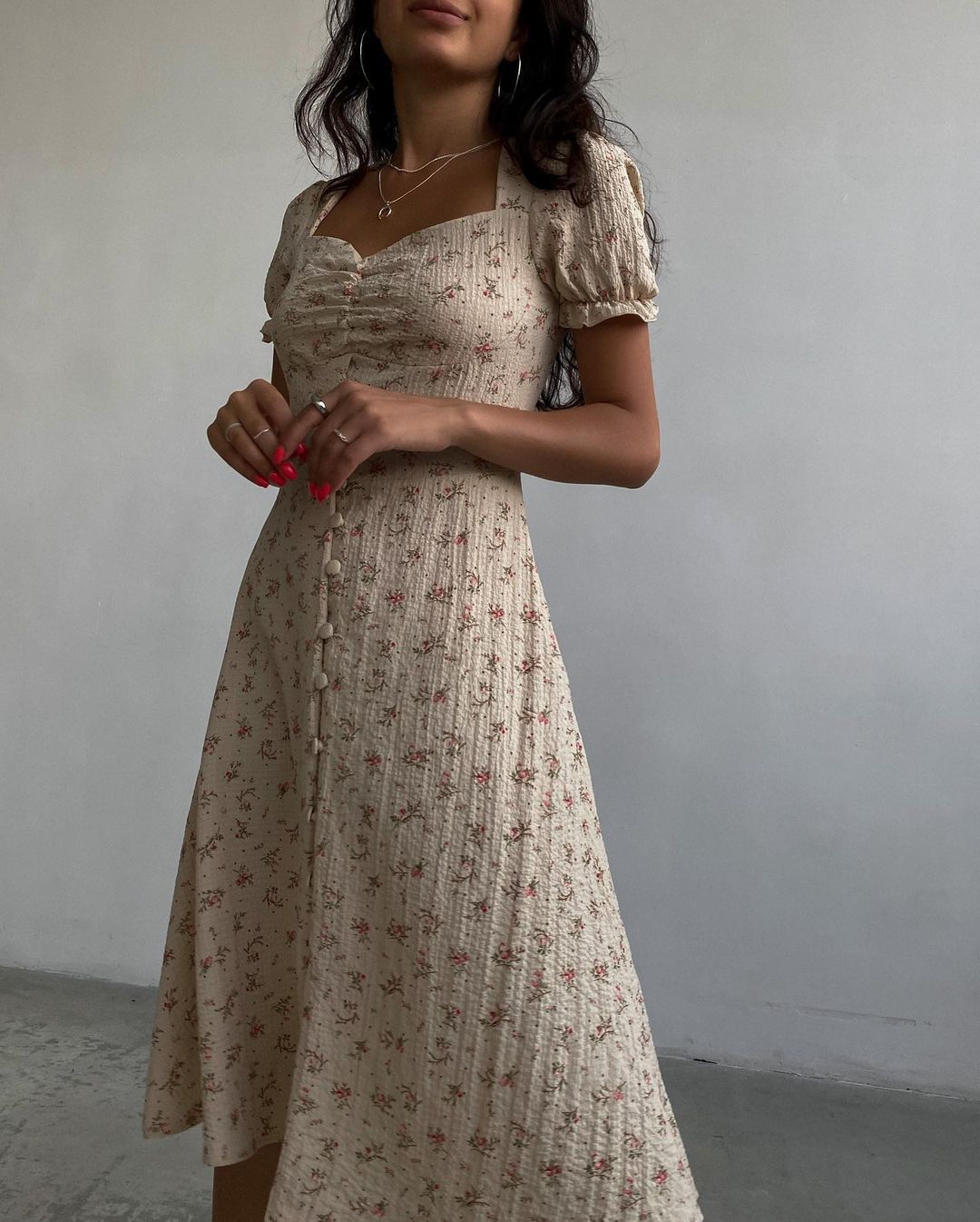 Floral Short Sleeve Square Collar Long Dress