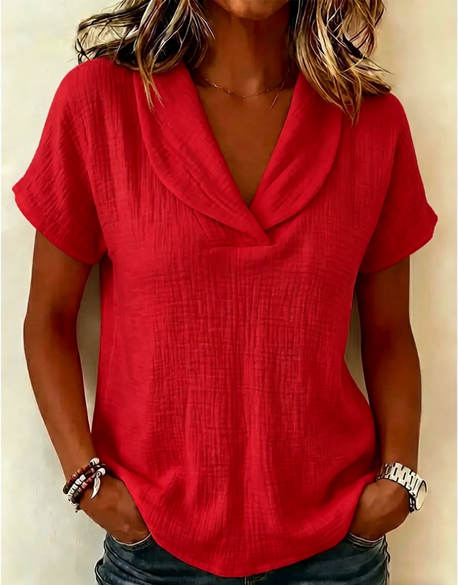Women's butterfly collar top in yellow, casual outfit styling