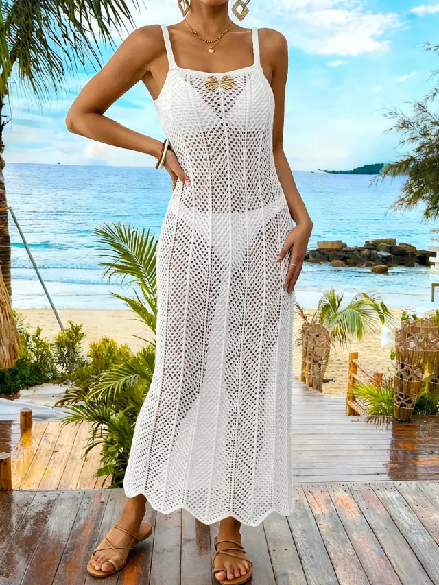 Ladies' Beach Woven Hollow out Slim fit Crochet Spliced Camisole Dress White - Shop at LoveMi