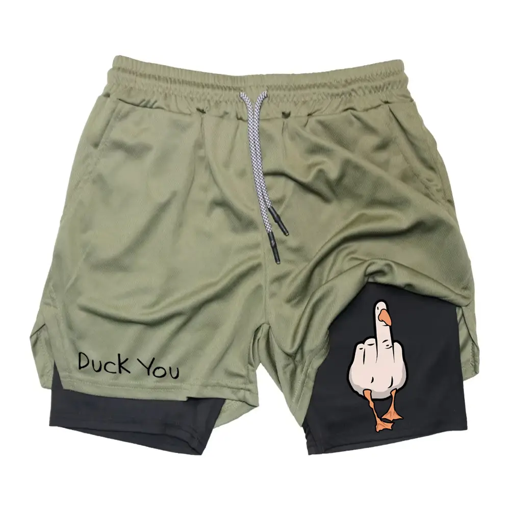 Mens Cartoon Duck Double-Layer Sports Shorts