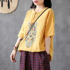 Women's Fashionable Retro Embroidered Button V-neck Short-sleeved Top - Yellow - View 1