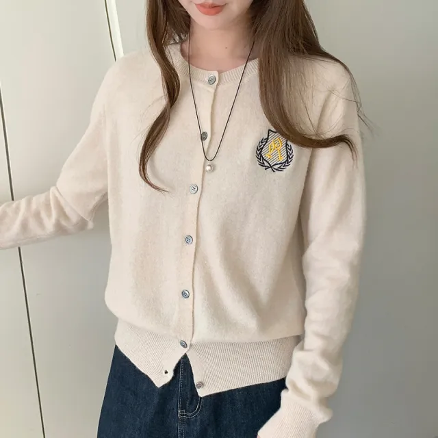 College Style Badge Embroidered Knitted Cardigan For Women Beige - Shop at LoveMi
