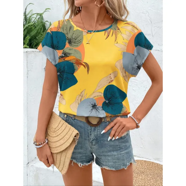 Summer Loose fitting Casual Round neck Printed Short sleeved Top Picture Color Top L - Shop at LoveMi