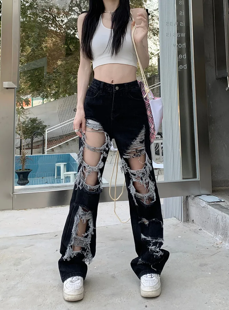 New Fried Street Fashion Cool Raw Hem High Waist Straight Mopping Pants - 7880 Black