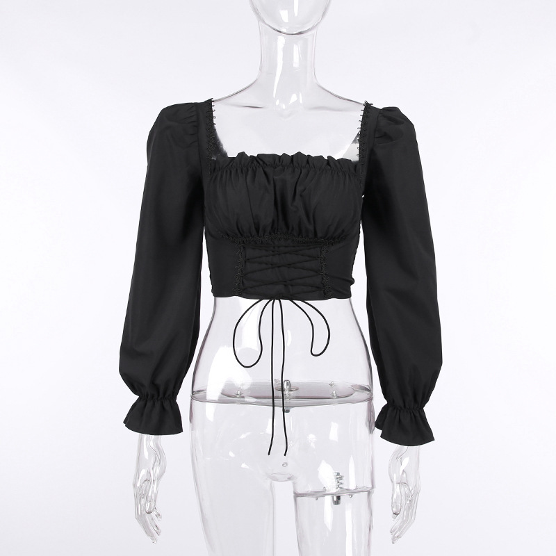 Women's Bell Sleeve Waist Trimming Lace Up Show Belly Long Sleeve T-shirt