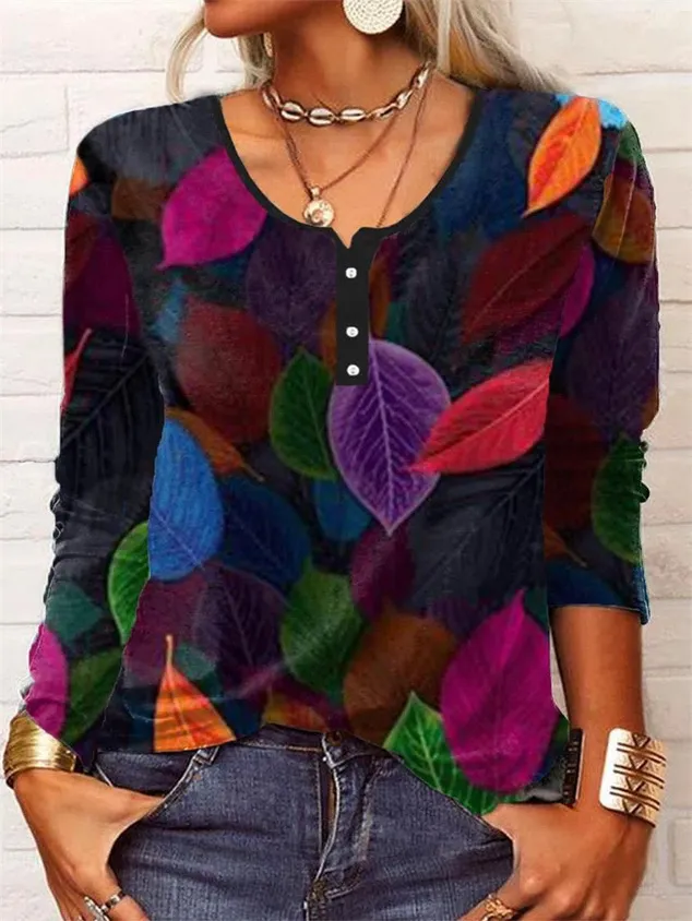 Loose Fashion Vintage Flower Print Long Sleeve Round Neck Top Color S - Shop at LoveMi