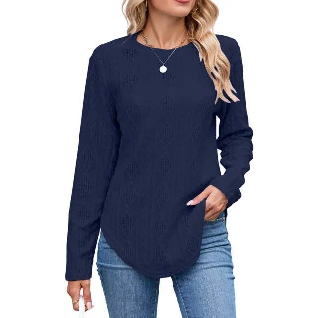 European And American Leisure Round Neck Long Sleeve Curved Hem T shirt Navy Blue - Shop at LoveMi