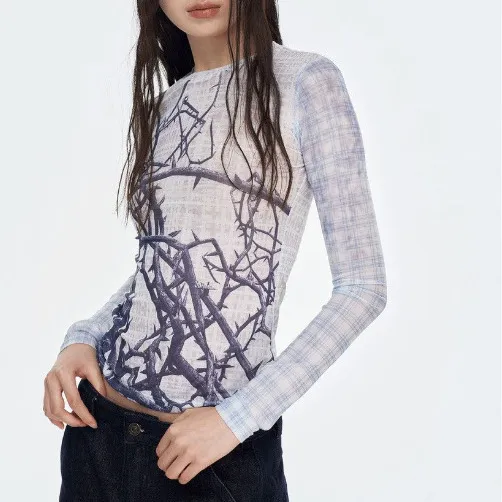 Printed Design Mesh Plaid Long sleeved T shirt Slim Fit Inner Wear Bottoming Shirt Top - Shop at LoveMi