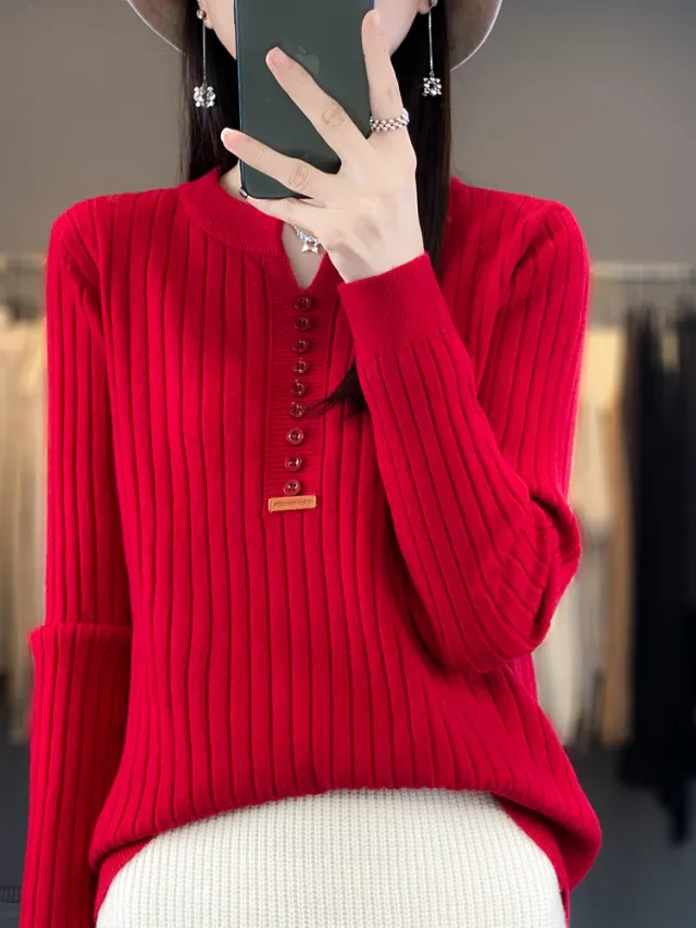 Long Sleeve Round V neck Sweater Solid Color Red - Shop at LoveMi