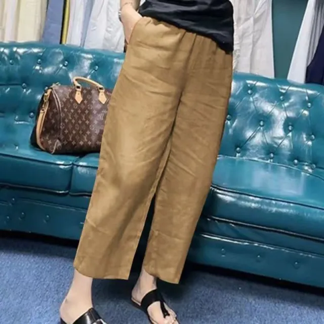 Women's Solid Color Linen Cropped Straight Casual Pants Khaki - Shop at LoveMi