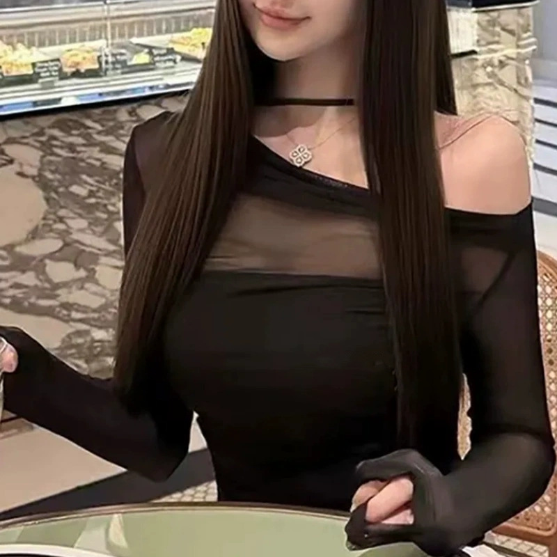 Off-Shoulder Mesh T-Shirt Tube Top Vest Two-Piece Set For Women