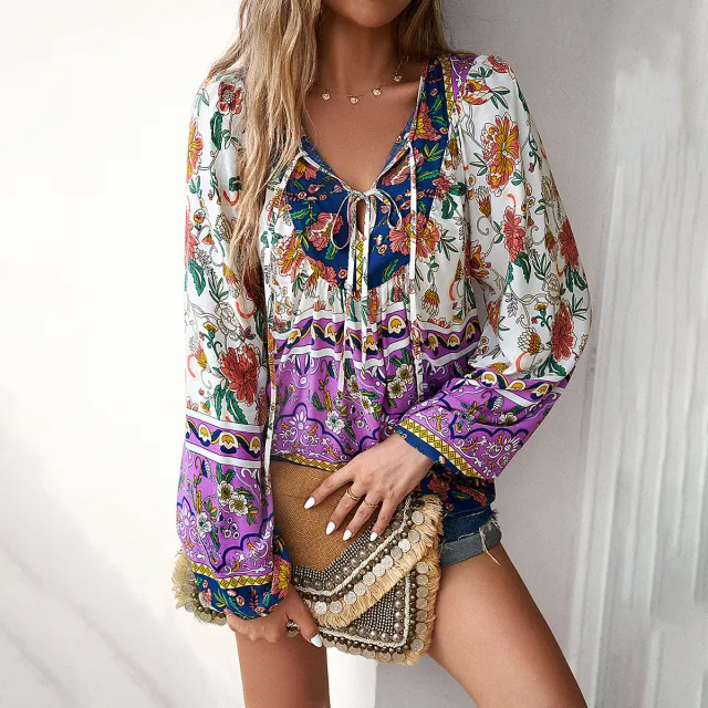 European And American Printed Autumn And Winter Vacation Casual Shirt Purple - Shop at LoveMi