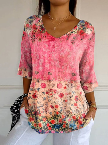 New 3D Printed Women's European And American Fashion Floral V-neck Shirt Top - Image 2