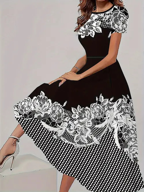 Trendy Casual All matching Floral Pattern Short Sleeve Round Neck Dress Wf008Rq250226Y050 - Shop at LoveMi