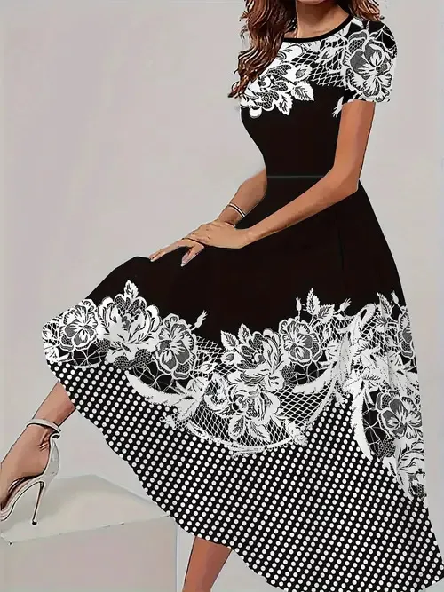 Trendy Casual All-matching Floral Pattern Short Sleeve Round Neck Dress - Wf008Rq250226Y050