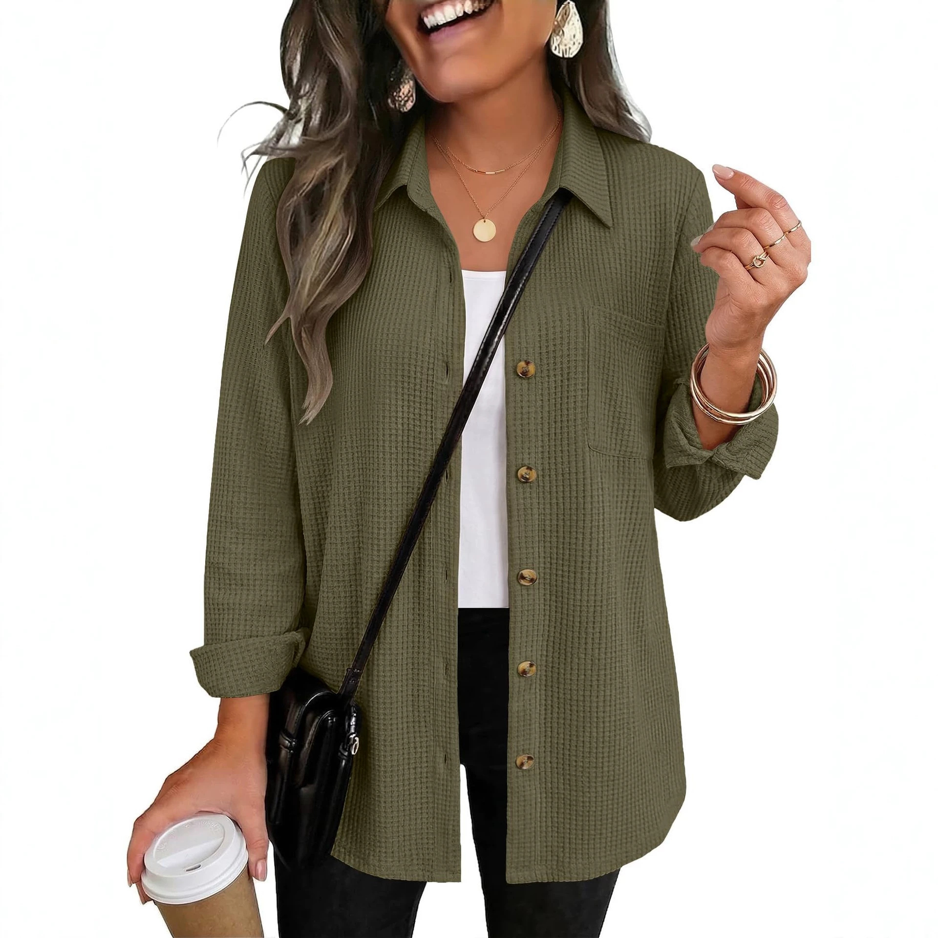 New Loose-fit Solid-color Button-down Casual Long-sleeve Shirt