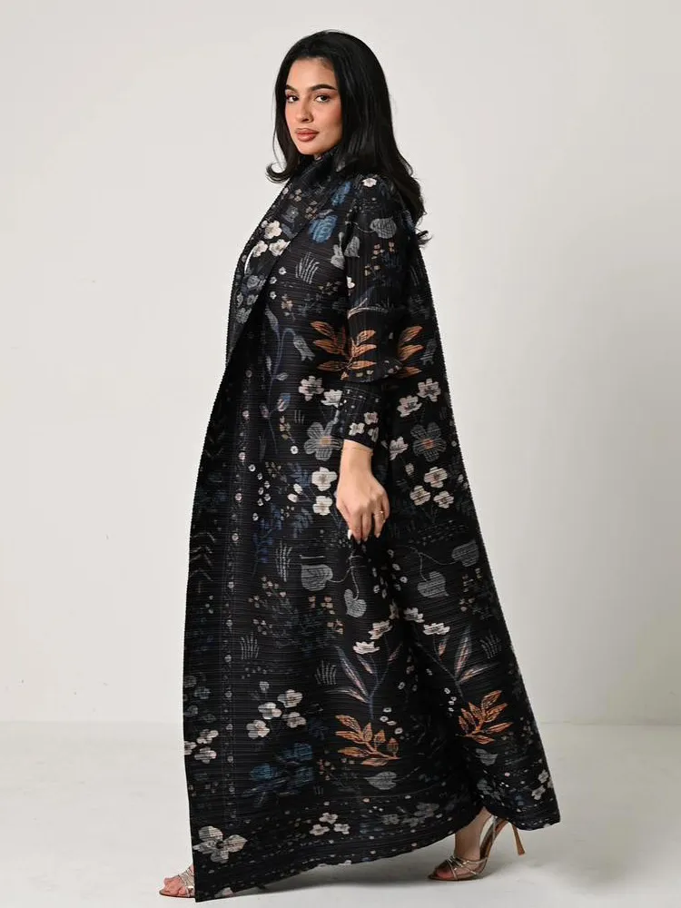Pleated Print Cardigan Long Coat Arabic Robe Plus Size - Black