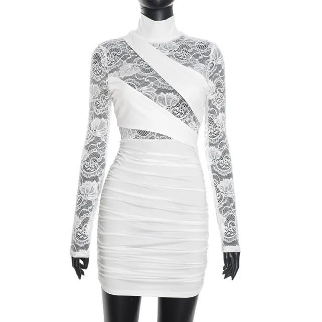 Womens Patchwork Lace Mock Neck Long Sleeve Dress White - Shop at LoveMi