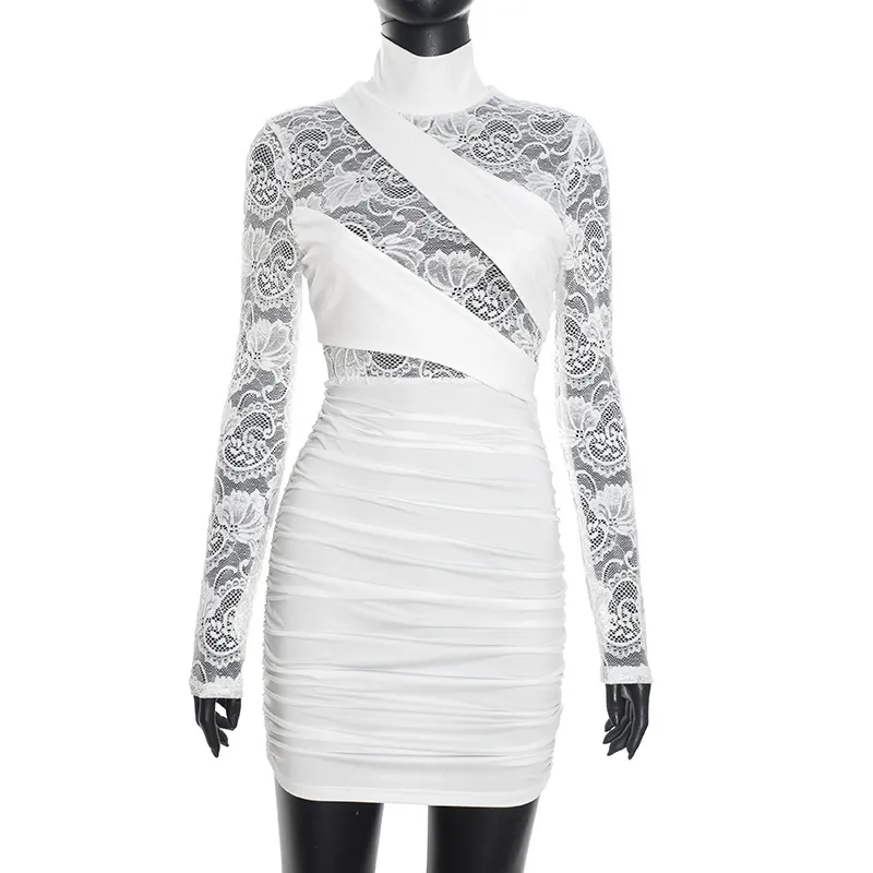 Womens Patchwork Lace Mock Neck Long-Sleeve Dress - White
