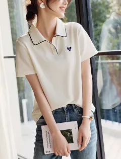 New Love Embroidered Lapel Casual Versatile Slimming Shirt - White - View 1