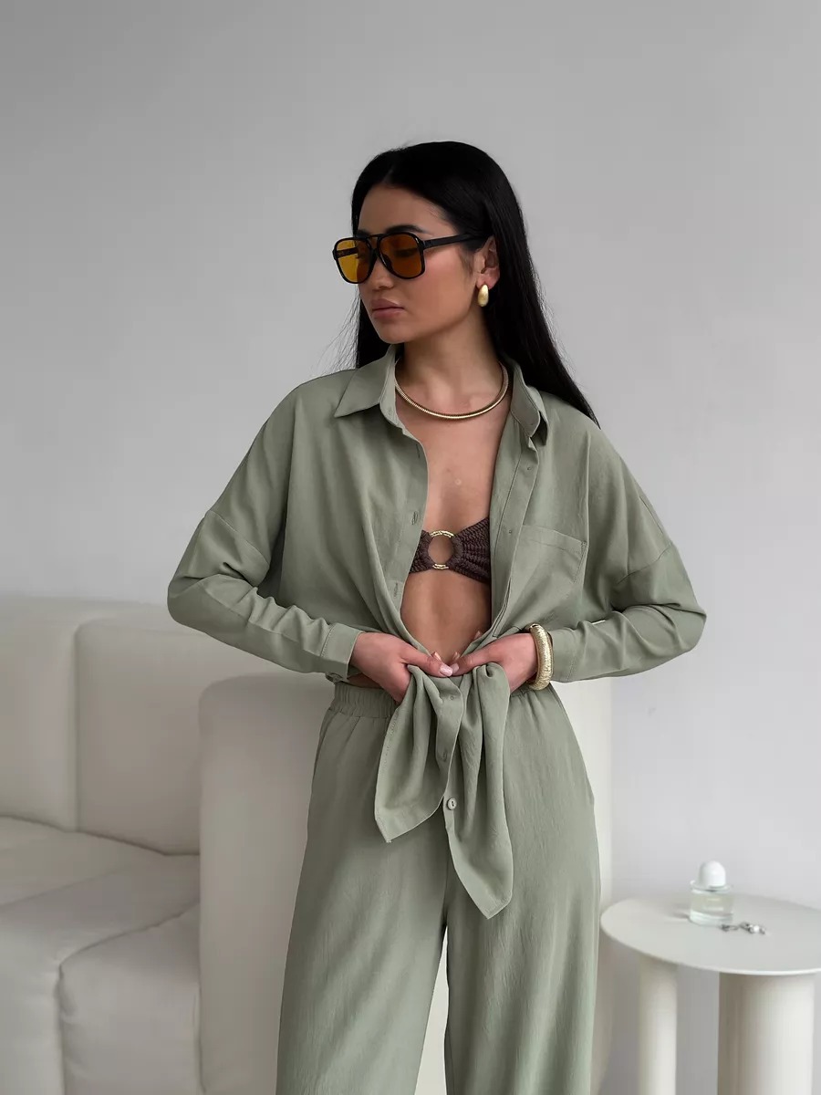 Women's Solid Color Cardigan Pocket Casual Wide leg Trousers Suit Army Green - Shop at LoveMi