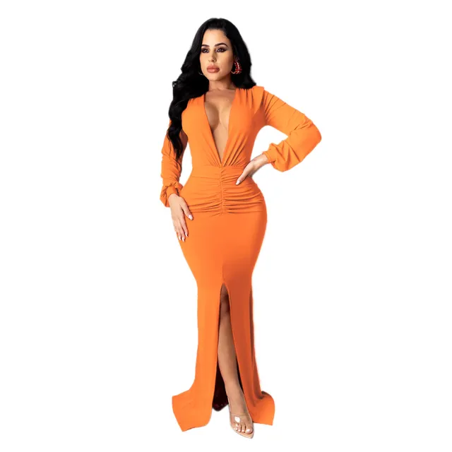 Women's Large V neck Slim fit Nightclub Evening Dress Orange - Shop at LoveMi