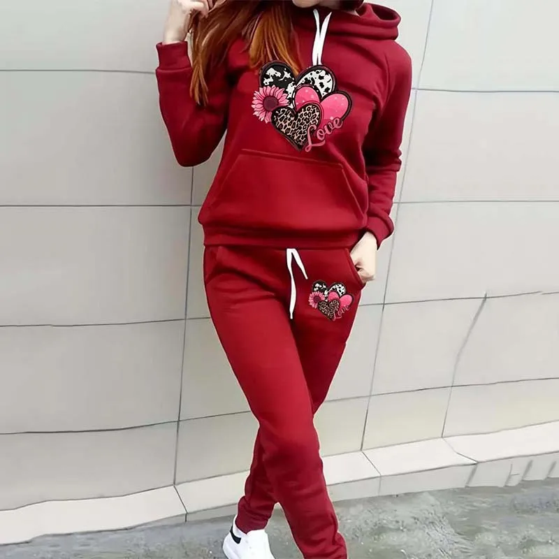 Leopard Print Heart Print Women's Casual Sports Suit Hooded Sweater - Red