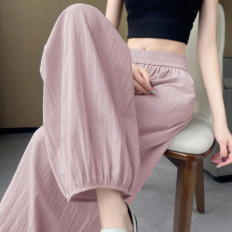 Ice Silk Quick-drying Cropped Sun Protection Ankle Banded Pants - Pink
