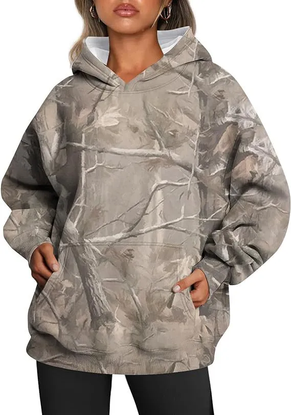 Women's Camouflage Hoodie Maple Leaf Print Oversized Sports Hoodie Gray - Shop at LoveMi
