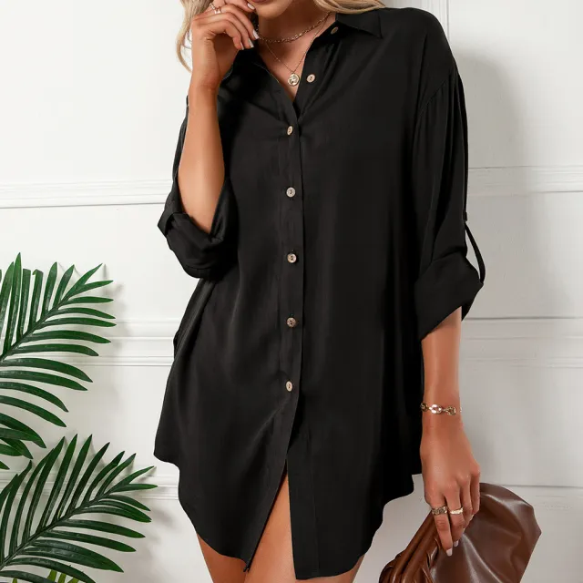 European And American Leisure Loose Single breasted Shirt Dress Top For Women Black - Shop at LoveMi