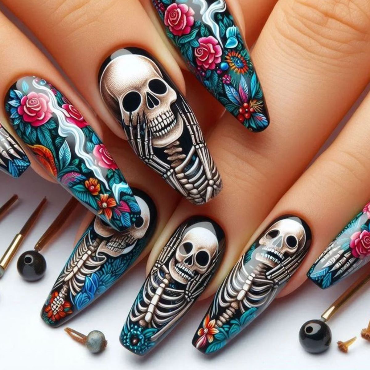 Removable Nail Tips Featuring A Long Ballet Plant Flower And Skull Design