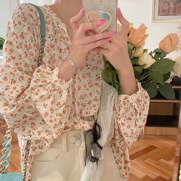 French Style Retro Long Sleeve Floral Shirt Women's Autumn Loose V-neck All-matching Top