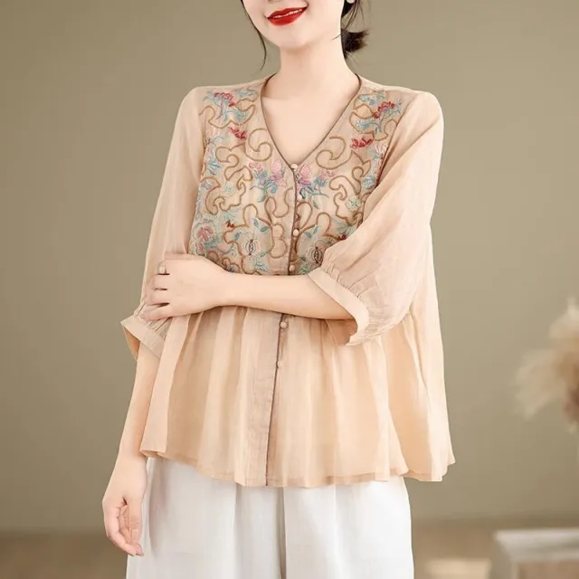 Summer Ethnic style Women's New Heavy Duty Embroidered Shirt Khaki - Shop at LoveMi
