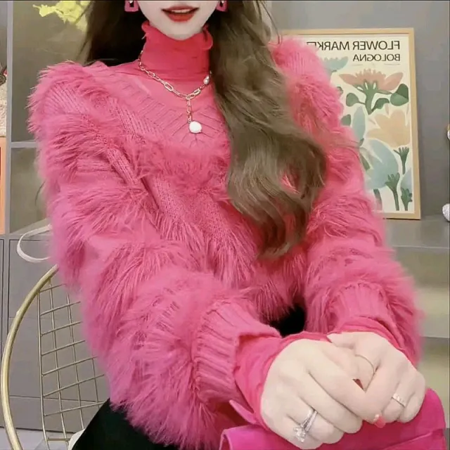 Women's Mink like Wool Pullover Sweater Rose Red - Shop at LoveMi