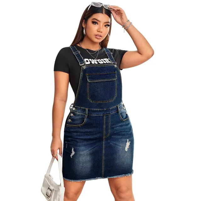 Fashionable Plus Size Denim Suspender Dress For Women Blue - Shop at LoveMi