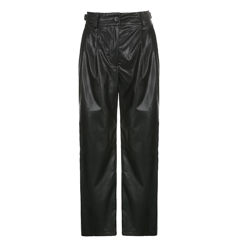 Women's Straight Low Waist Loose Casual Leather Pants Black - Shop at LoveMi