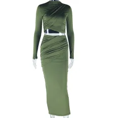 Round-neck Irregular Long-sleeved Crop Top Casual Skirt Two-piece Set - Army Green - View 1