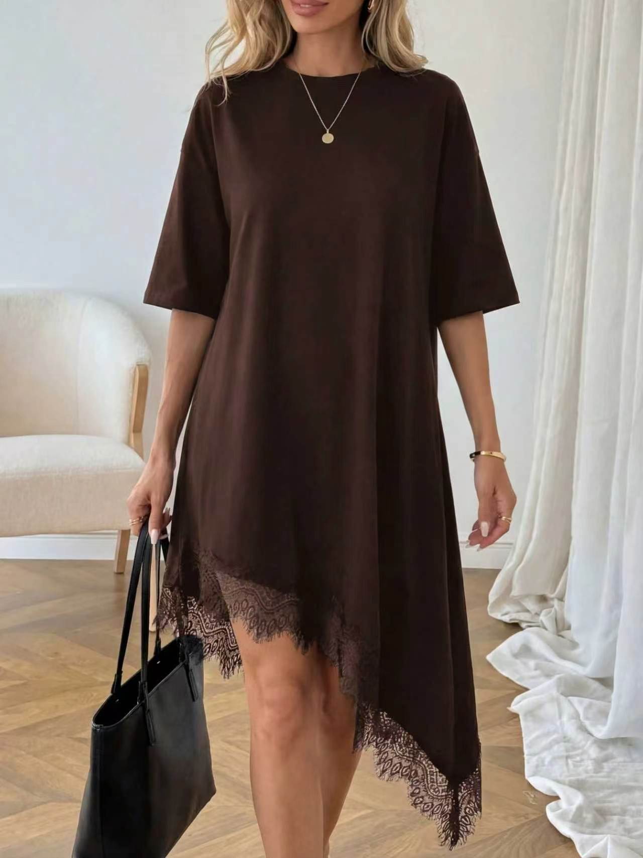 Women's Three-Quarter Sleeve Lace Dress – Dark Brown colorway front view