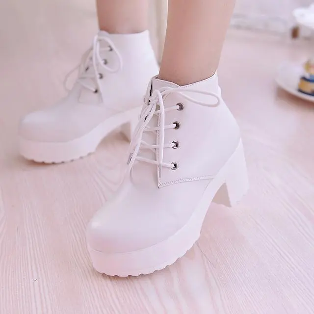 Womens Stylish Casual Round toe Chunky soled Ankle Boots White - Shop at LoveMi