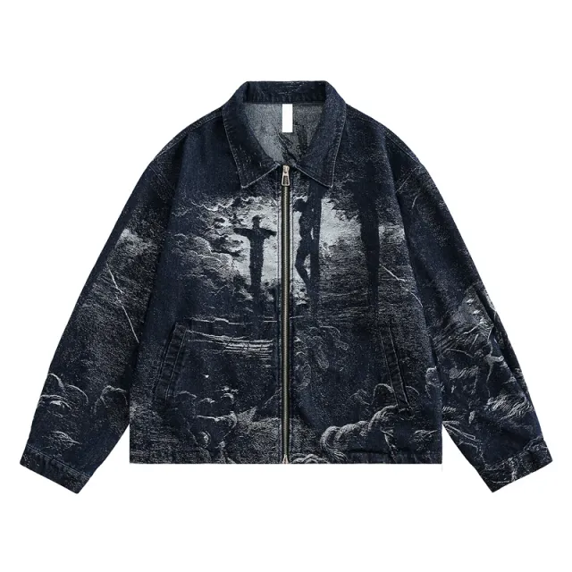 Women's American style Retro Back Printed Denim Jacket Night Blue - Shop at LoveMi