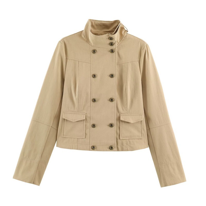 Elegant Double-breasted Coat Featuring A Stand-up Collar, Pockets, And A Fitted Waist