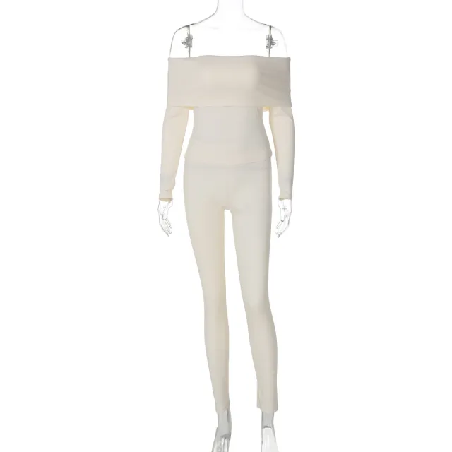 European And American Solid Color Rib Long Sleeve Off shoulder Slim Trousers Two piece Set Apricot - Shop at LoveMi