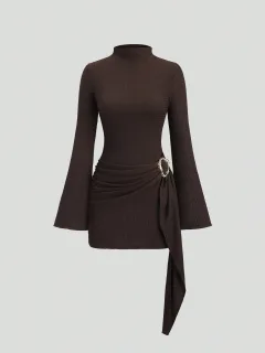 Metal Waist Buckle Minimalist Slightly Flared Sleeve Slim Fit Midi Dress - Red - View 1