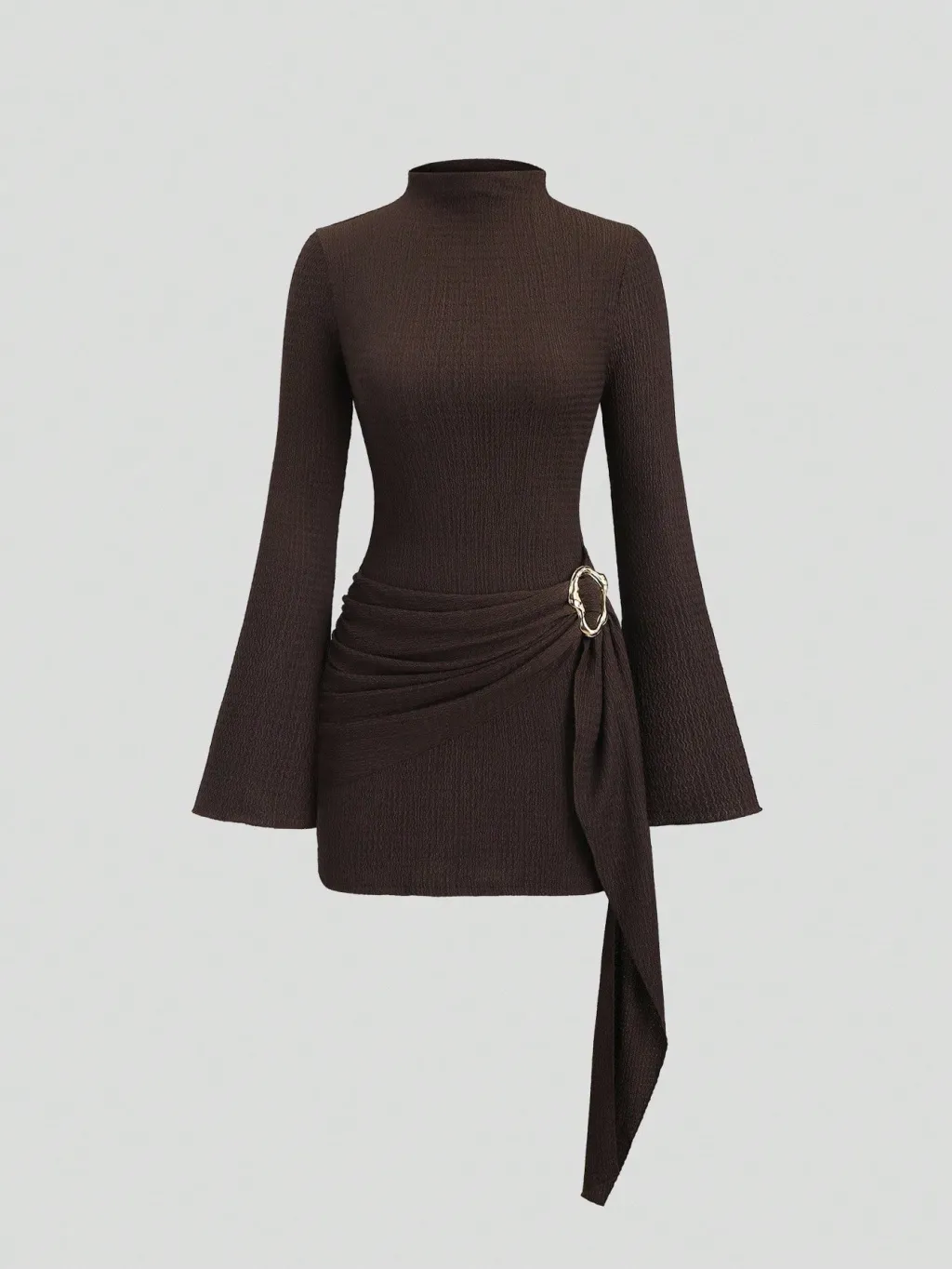 Metal Waist Buckle Minimalist Slightly Flared Sleeve Slim Fit Midi Dress - Red