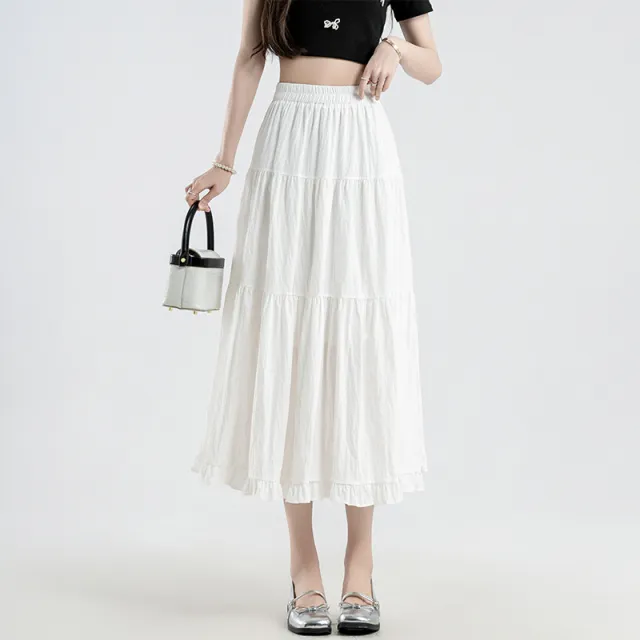 Lace Stitching Fashion Small Lace Elastic Waist Mid length Umbrella Skirt White - Shop at LoveMi