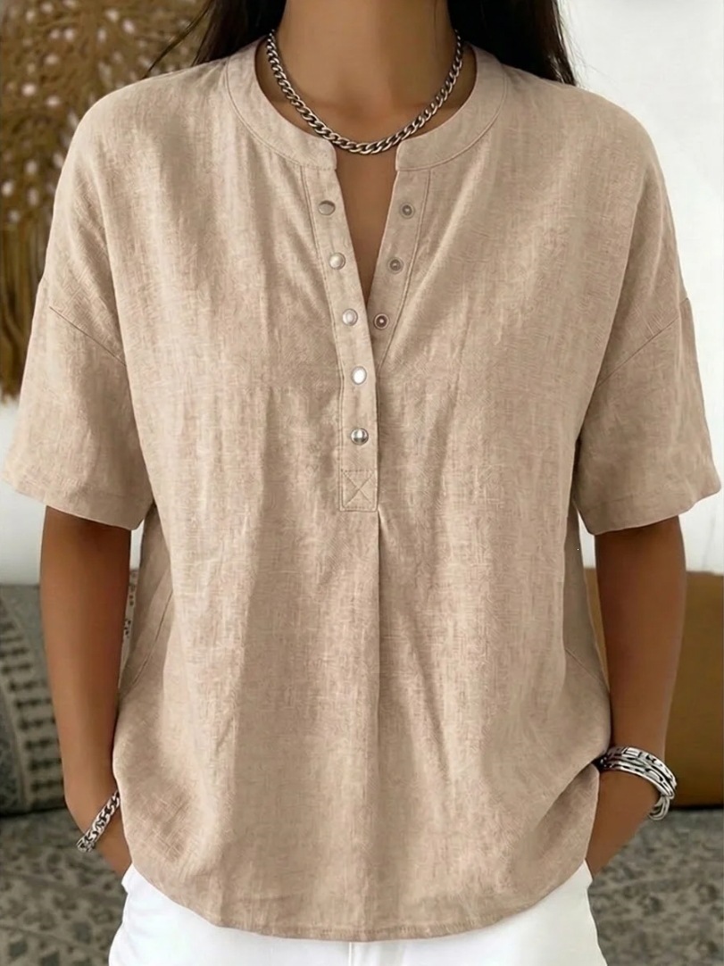 Women's short-sleeve loose top color options: apricot, black, green, khaki, light blue, pink, yellow