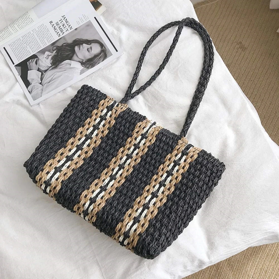 Large Zipper Woven Straw Handbag Casual Large Shoulder Women's Shopping Bag